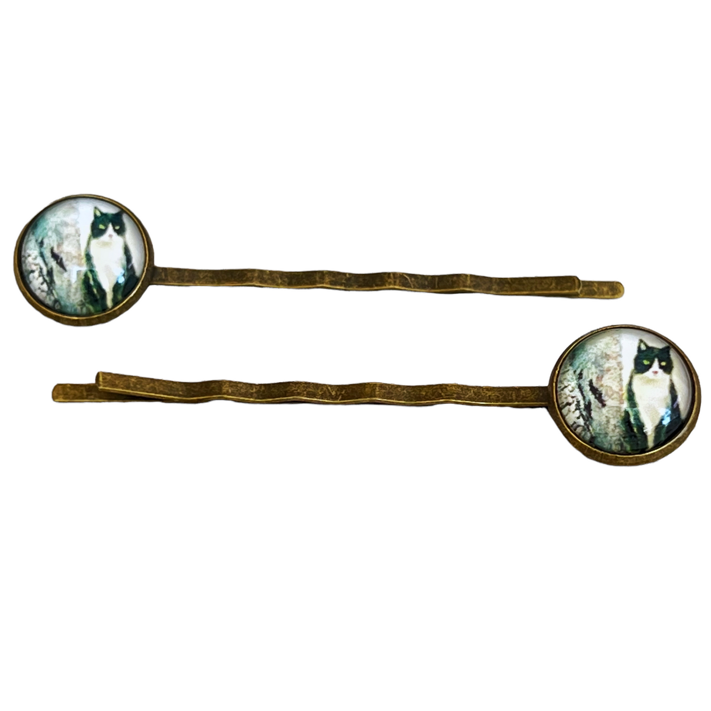 Black & White Cat Brass Hair Pins - Feline-Inspired Accessories
