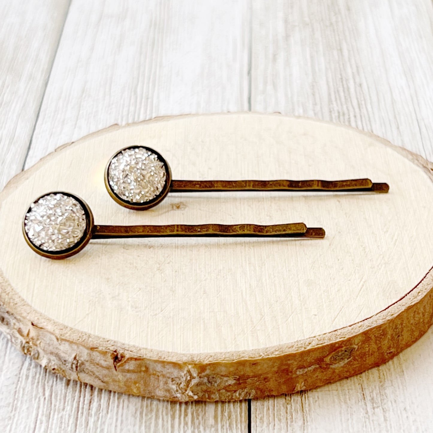 Silver Druzy Brass Hair Pins: Sparkling Accents for Sophisticated Hairstyles