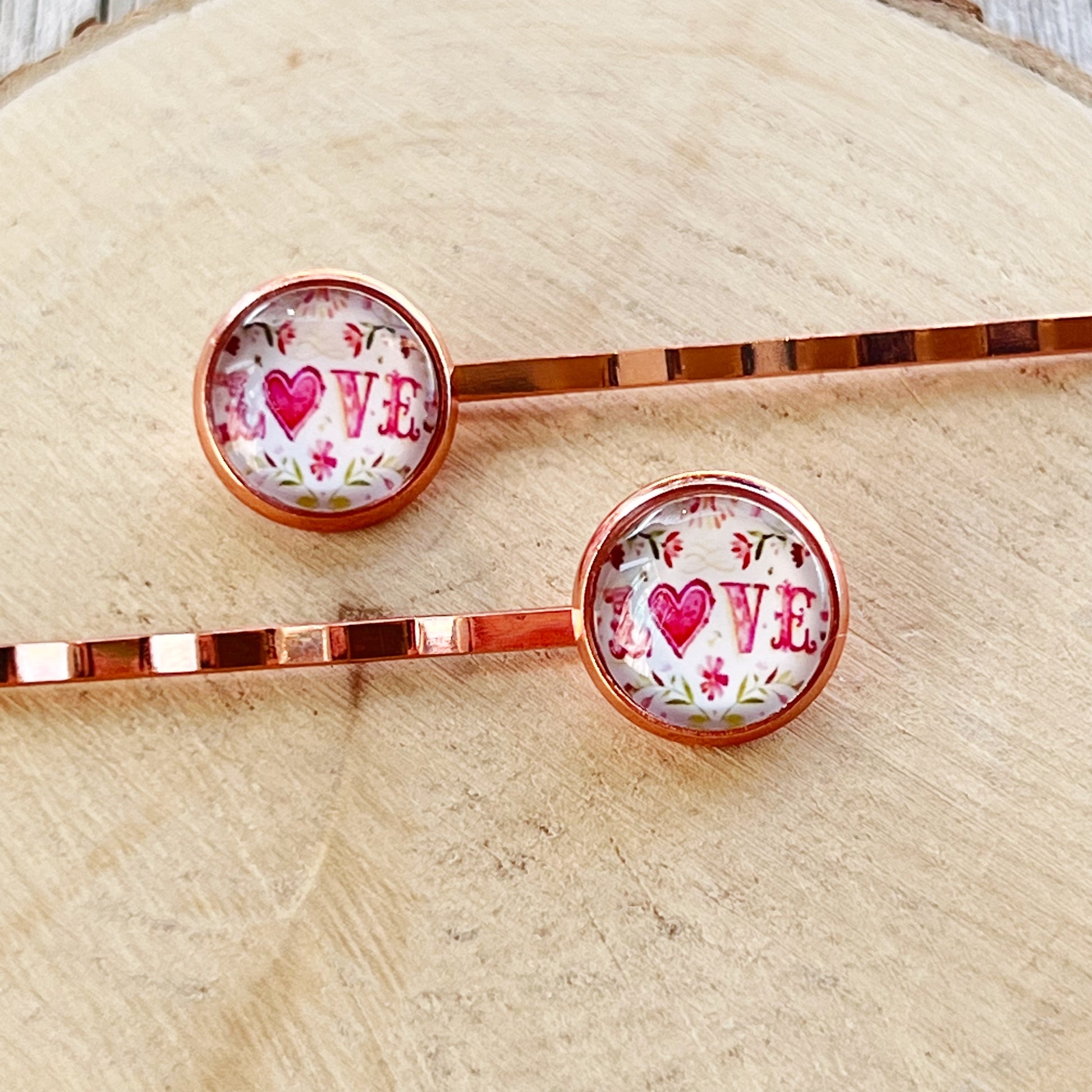 Rose Gold Floral Pink Love Heart Hair Pins