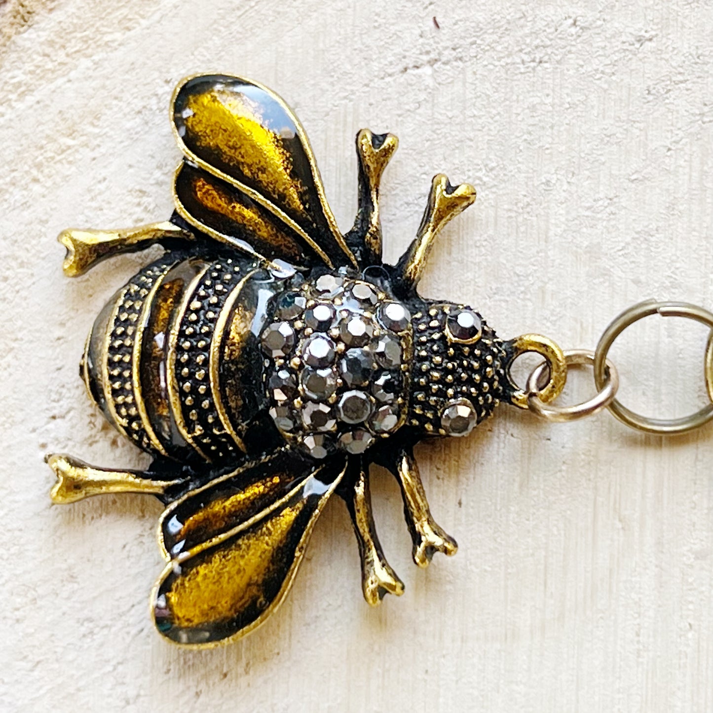 Gothic Bee Zipper Pull Keychain Purse Charm - Rhinestone Embellished Accessory