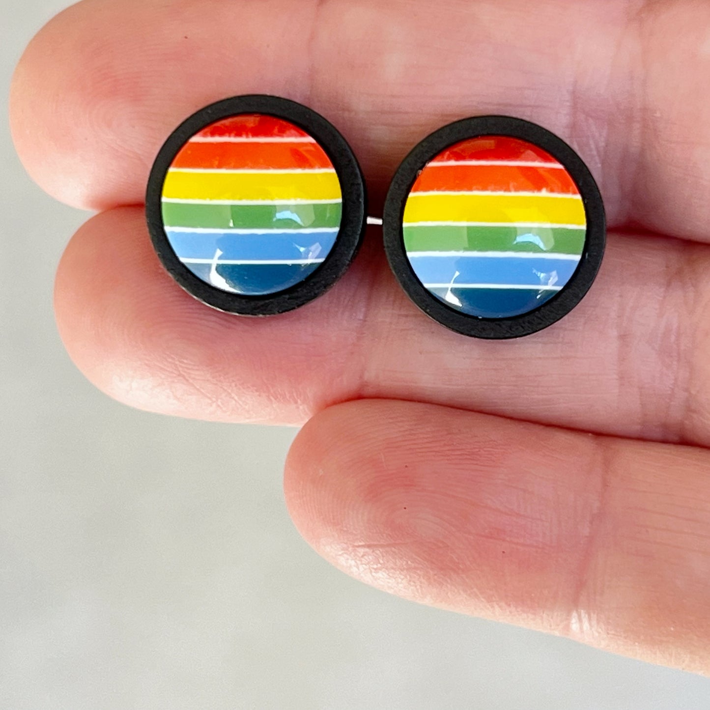 Rainbow Stripe Stud Earrings – Bold Colorful Handmade Jewelry in Black Wood