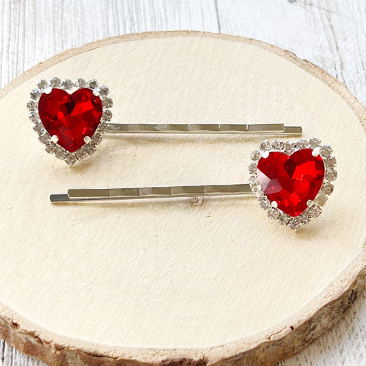 Red Rhinestone Heart Hair Pins
