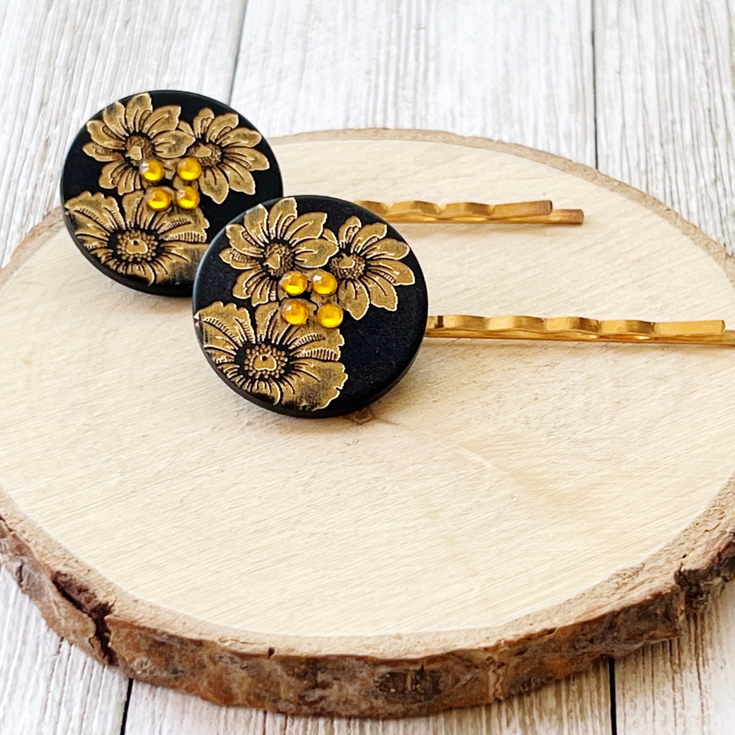 Black & Gold Sunflower Gold Bobby Pin Set- Elegant Floral Hair Accessory