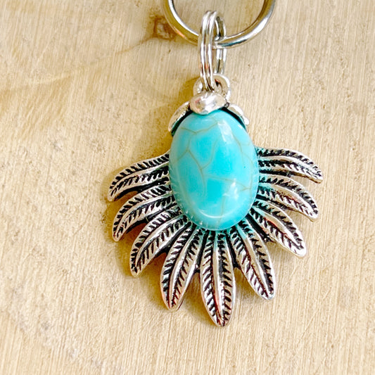 Western Zipper Pull Keychain Purse Charm: Turquoise & Silver Feather Medallion Accent