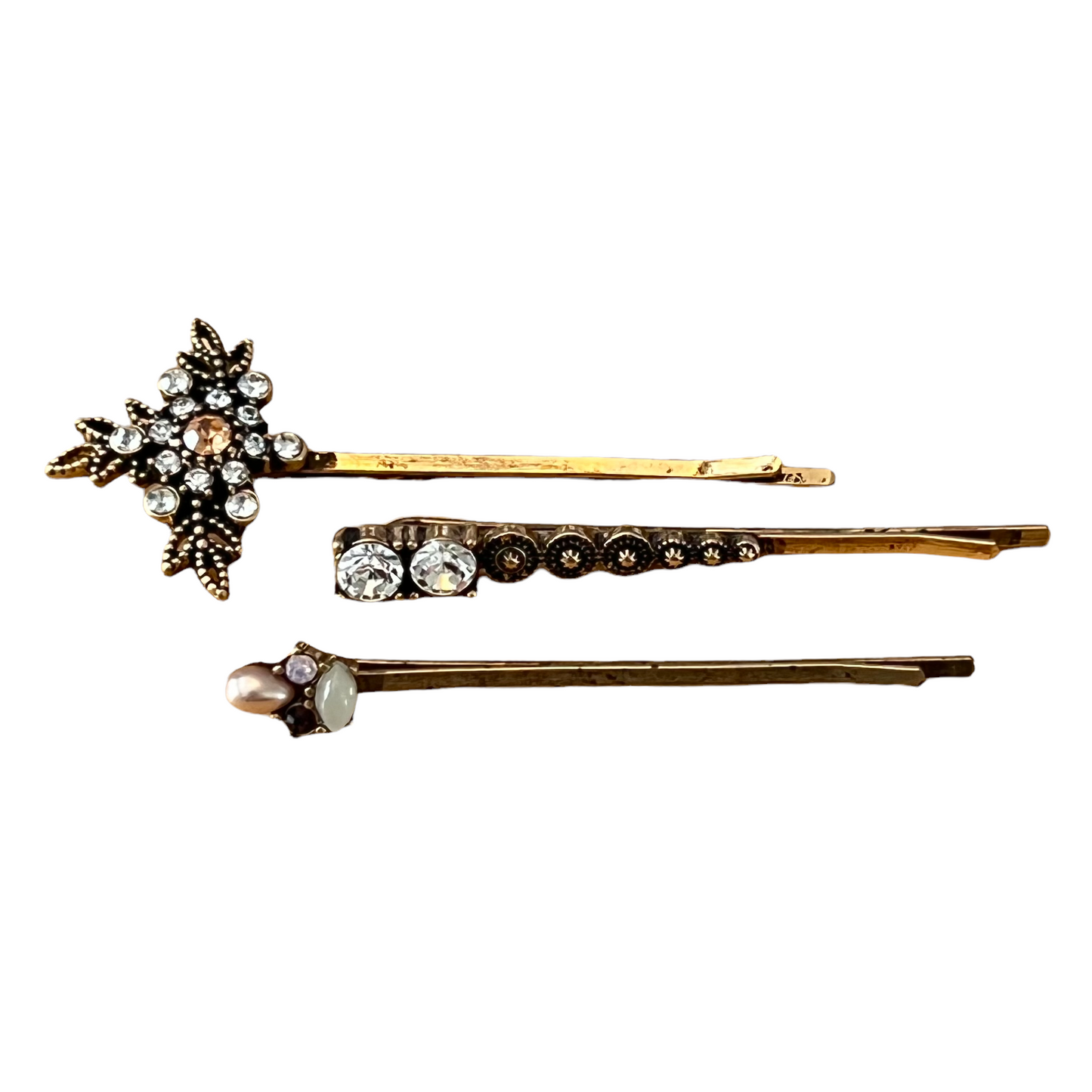 Gold Rhinestone & Pearl Hair Pins – Set of 3 Elegant Accessories