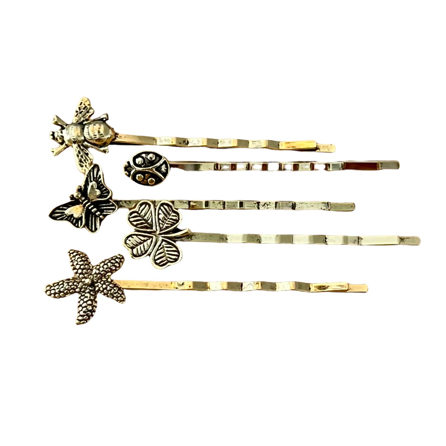 Whimsical Nature Hair Pin Set – Gold Bobby Pins with Bee, Starfish & Clover Charms