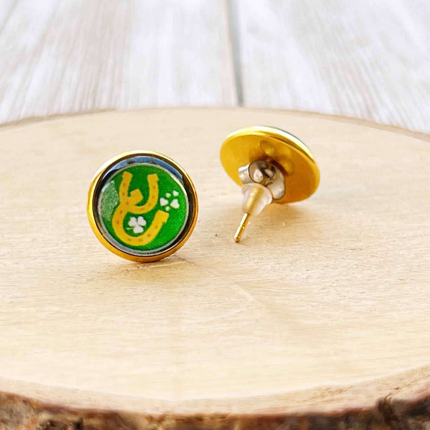Lucky Horseshoe Stud Earrings – Green & Gold St. Patrick’s Day Jewelry for Her