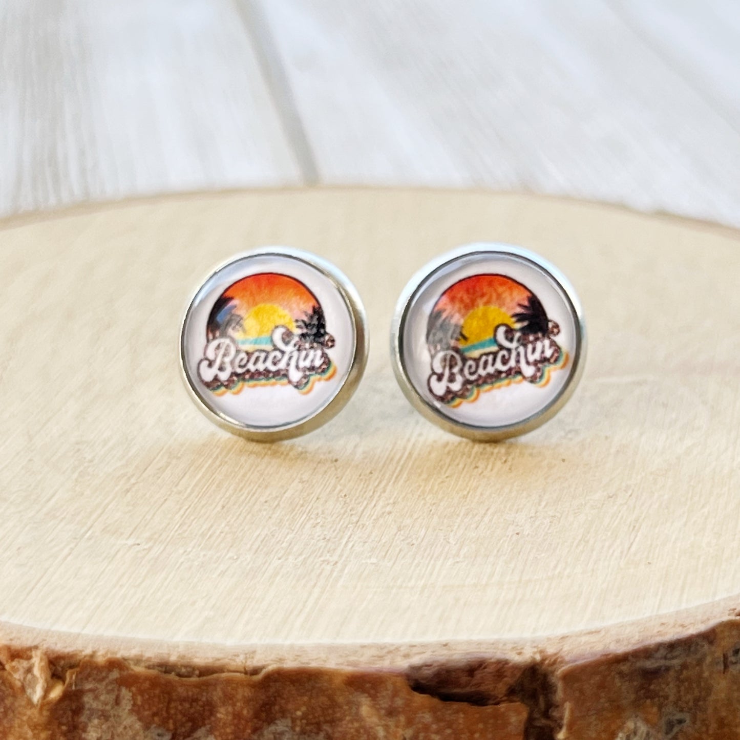 Beachin’ Sunset Stud Earrings – Retro Summer Palm Tree Jewelry in Silver