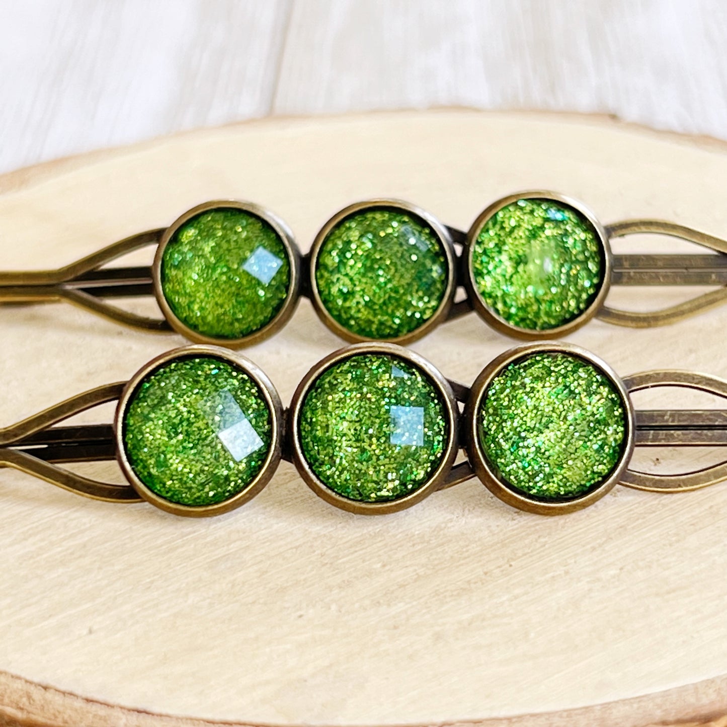 Green Shimmer Hair Pins – Sparkly Boho Hair Accessories Antique Bronze Finish