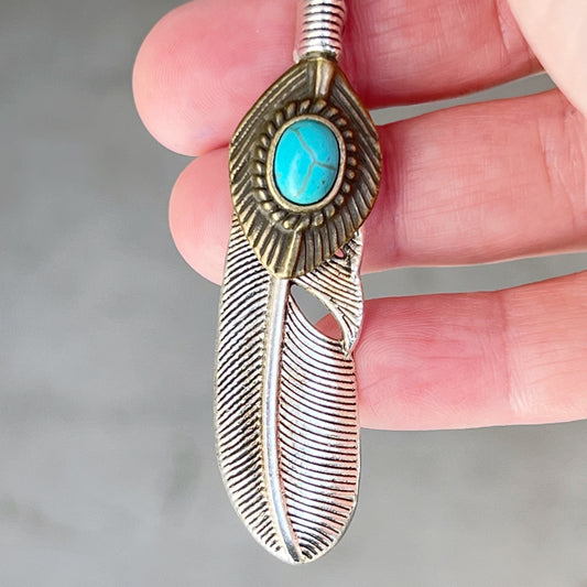 Turquoise Silver Feather Western Zipper Pull Keychain Charm