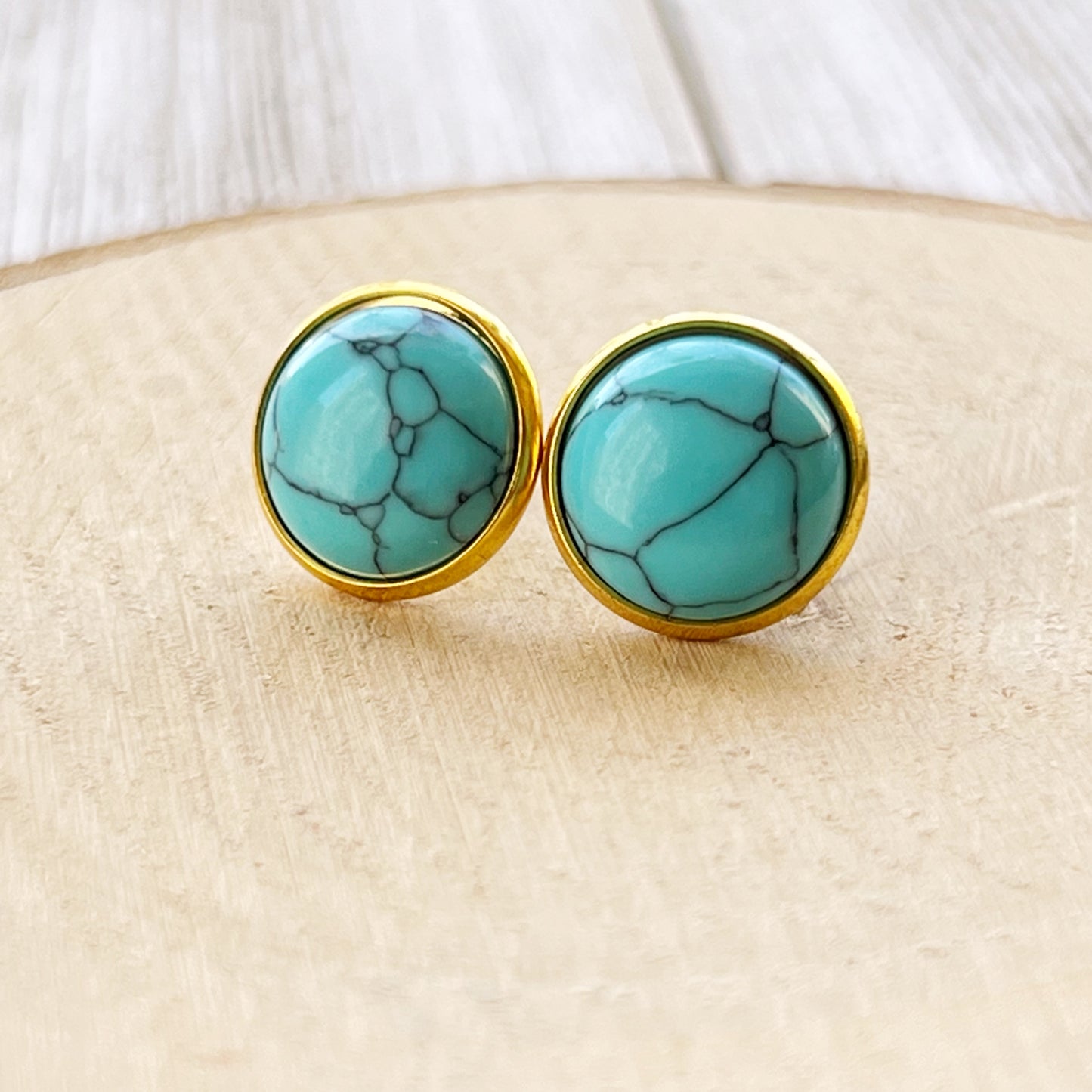 Turquoise Stone Stud Earrings – Round Gold Boho Statement Jewelry