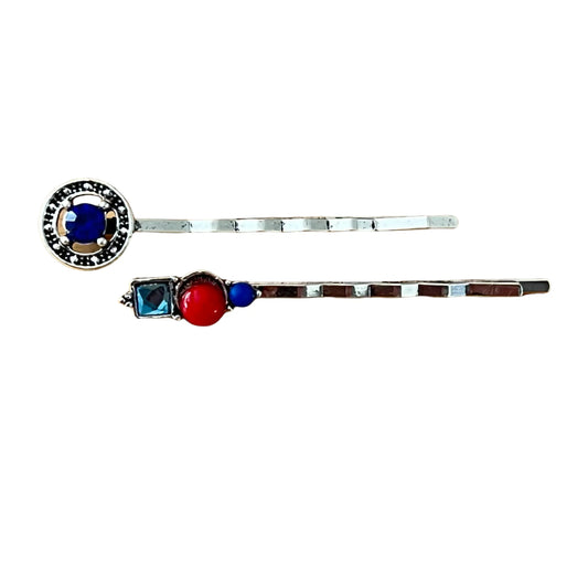 Colorful Gemstone Hair Pins – Set of 2 Silver Accessories