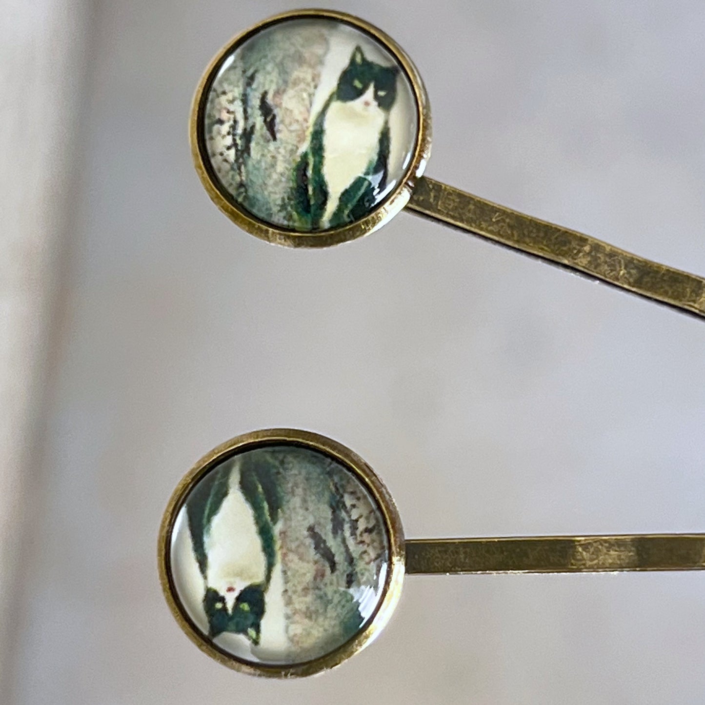 Black & White Cat Brass Hair Pins - Feline-Inspired Accessories