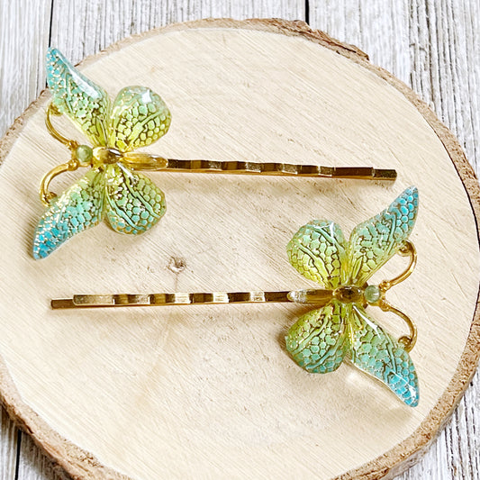 Blue, Green & Gold Butterfly Hair Pins - Elegant and Colorful Hair Accessories