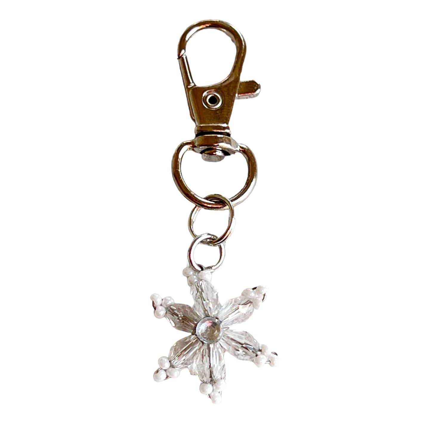 Beaded Snowflake with Rhinestone Zipper Pull Keychain & Handbag Charm - Elegant Winter Accessory
