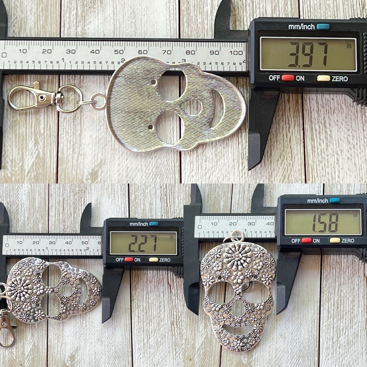 Floral Skull Purse Charm – Silver Day of the Dead Keychain with Flower Motif