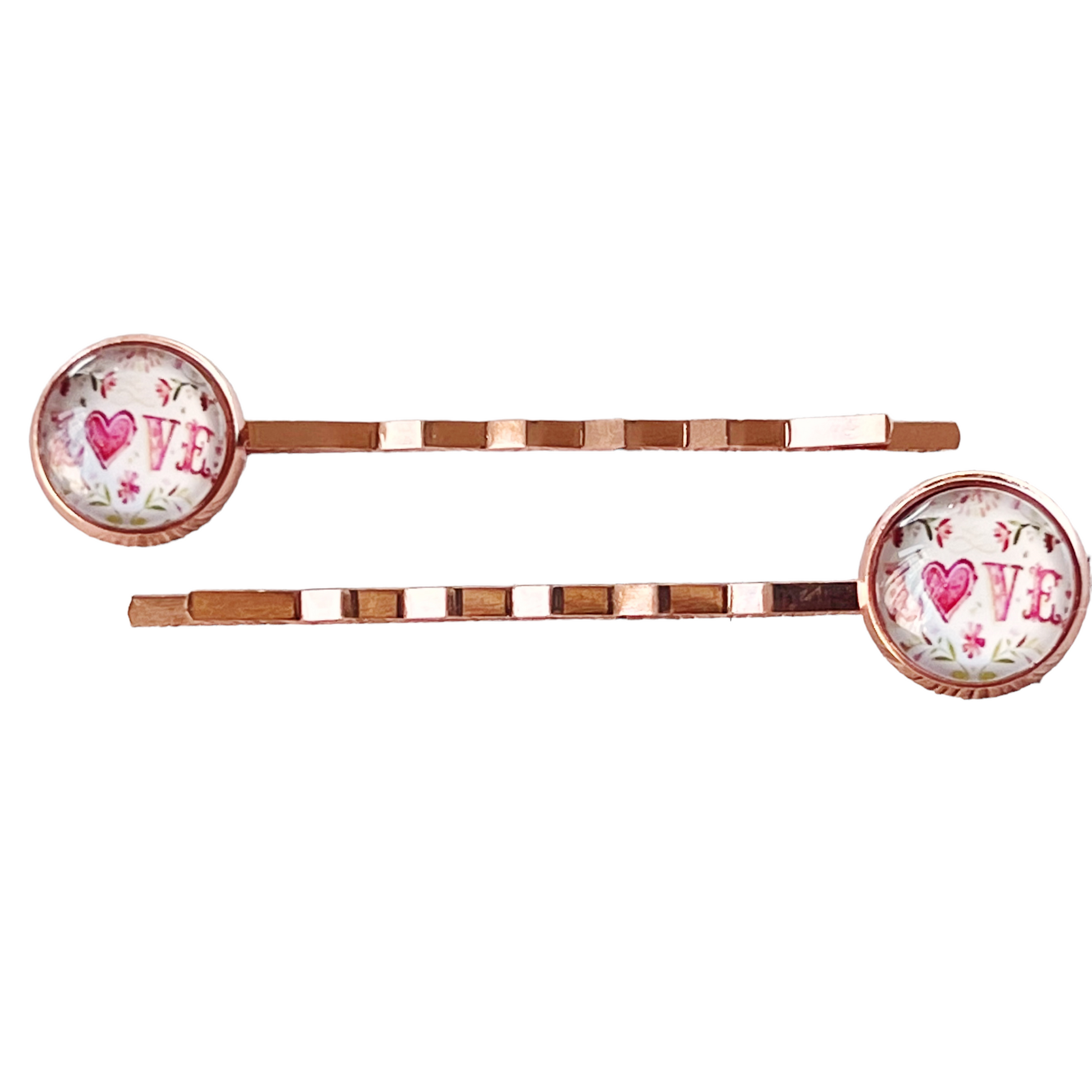 Rose Gold Floral Pink Love Heart Hair Pins