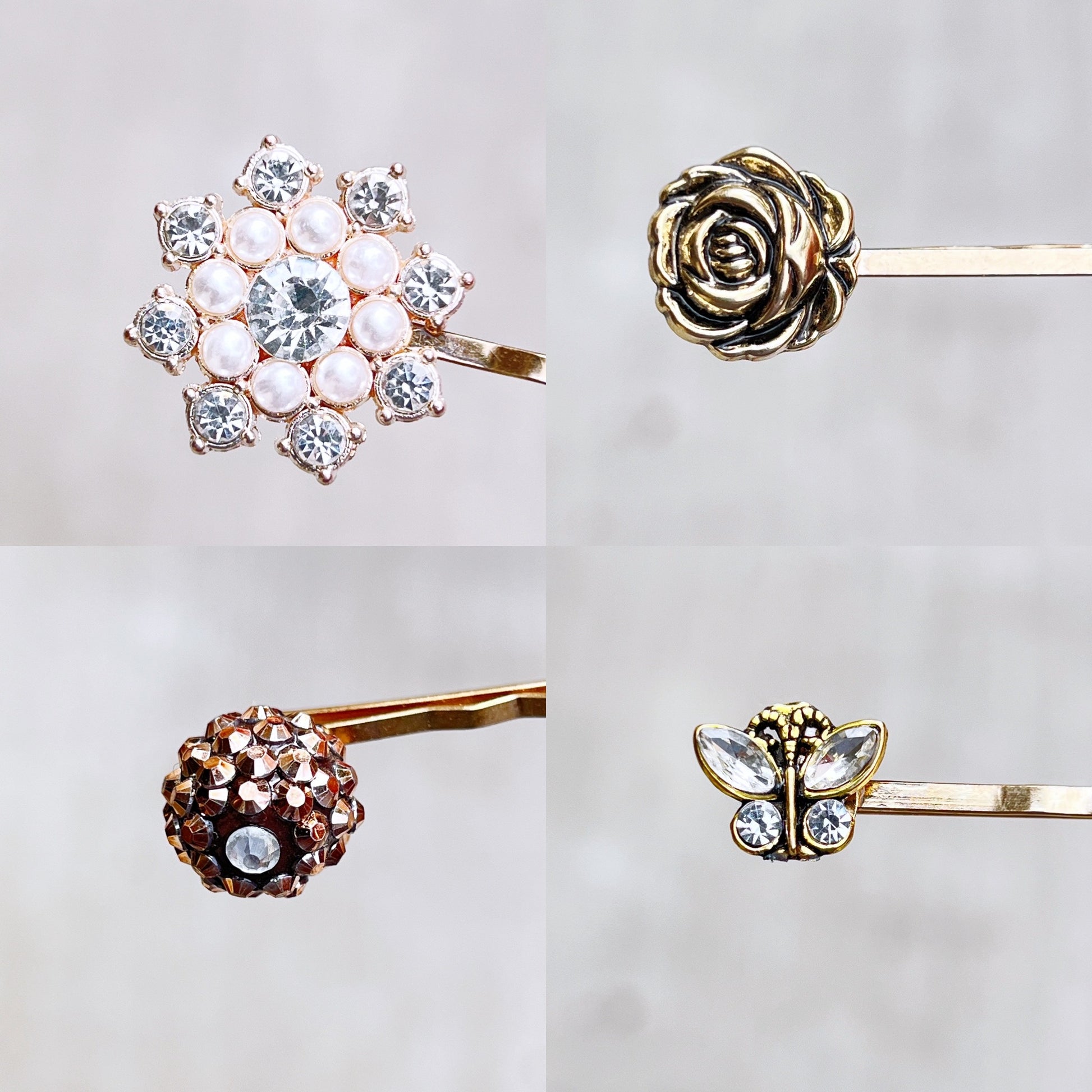 Vintage Inspired Rose Gold Hair Pins: Adorned with Rhinestone Pearls, Flowers, Hearts, & Antiqued Gold Butterflies for Timeless Elegance