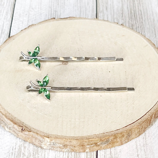 Green rhinestone dragonfly hair pin set styled for gifting
