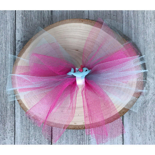 Pink & Blue Glitter Tulle Hair Bow with Dolphin Embellishment - Sparkling & Whimsical Hair Accessory