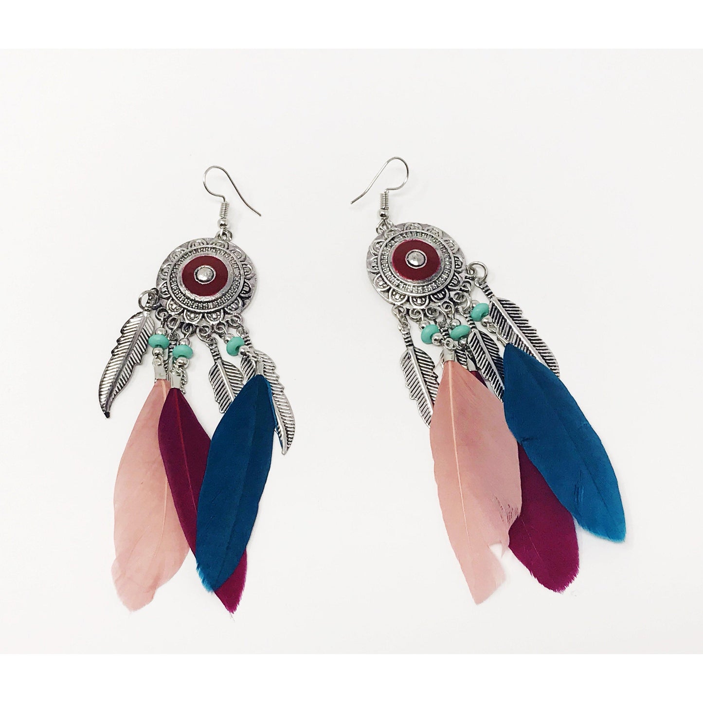 Pink & Blue Feather Dangle Earrings – Boho Chic Medallion Jewelry