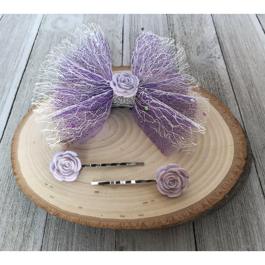 Purple Flower Headband, Mommy & Me Gift Set, Lavender Hair Pins, Baby Hair Bows, Womens Hair Clips, Tulle Hair Barrettes, Girls Bobby Pins