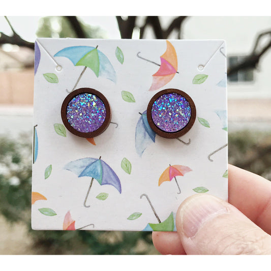 Purple Glitter Druzy Wood Stud Earrings: Sparkling Accents for Glamorous Looks