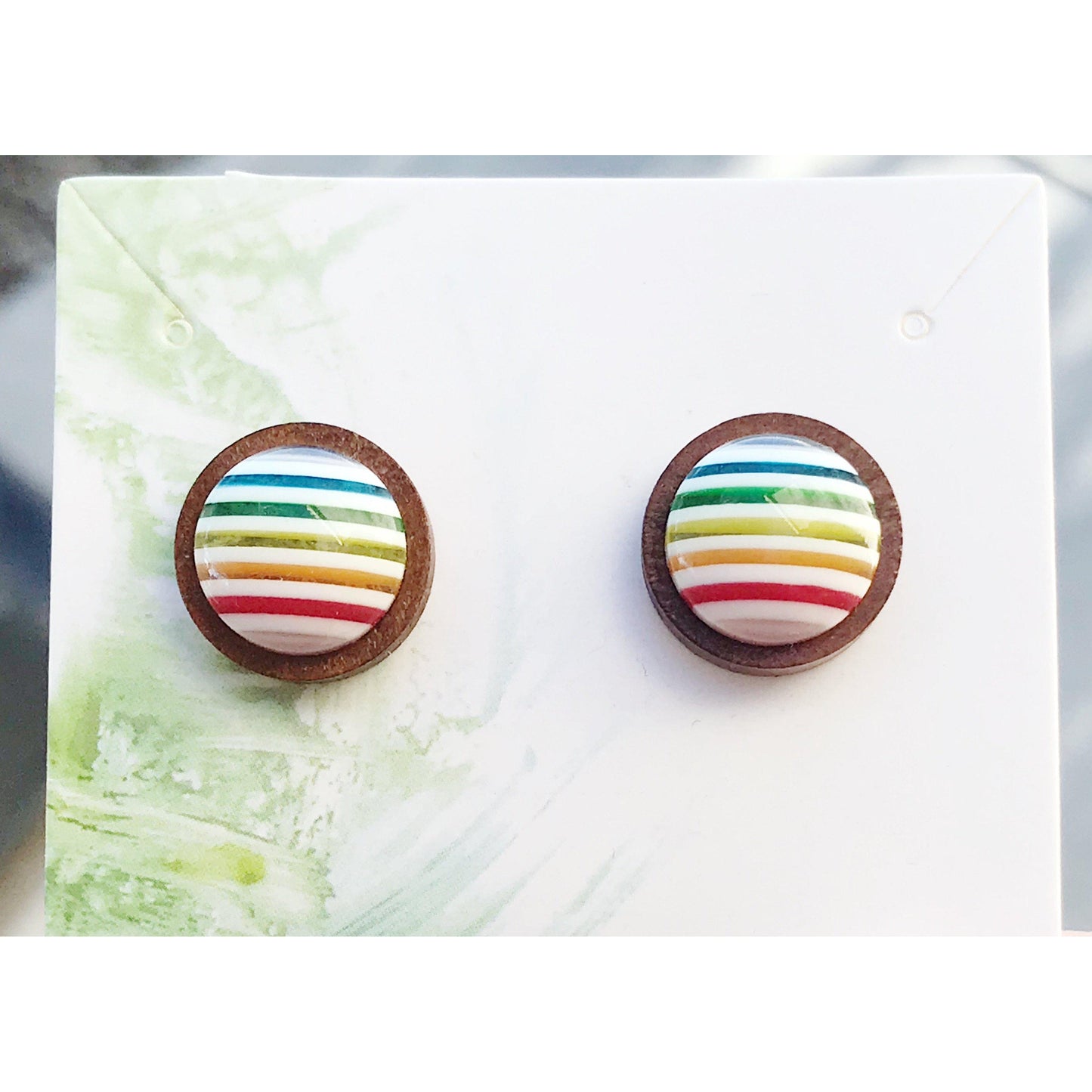 Rainbow Striped Wood Stud Earrings: Colorful & Chic Accessories for Every Day