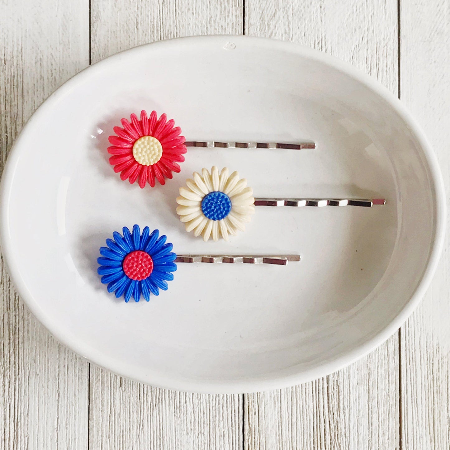 Red & Blue Flower Hair Pins, Womens Fourth of July Hair Clips, Patriotic 4th of July Hair Accessories