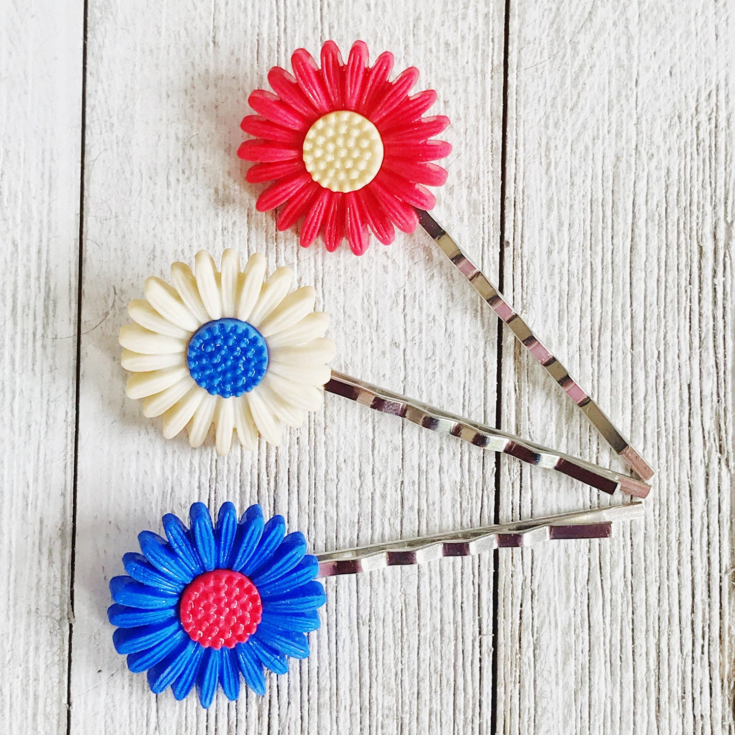 Red & Blue Flower Hair Pins, Womens Fourth of July Hair Clips, Patriotic 4th of July Hair Accessories