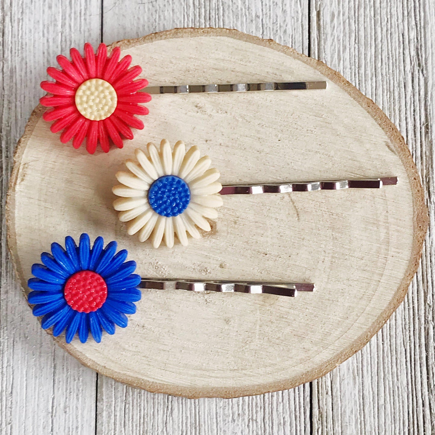 Red & Blue Flower Hair Pins, Womens Fourth of July Hair Clips, Patriotic 4th of July Hair Accessories
