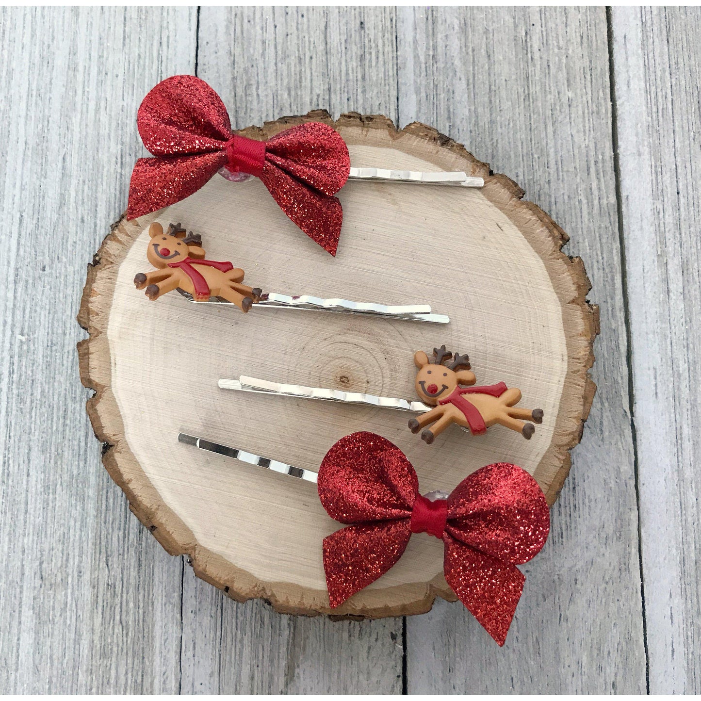 Red Bow Christmas Reindeer Holiday Hair Pins
