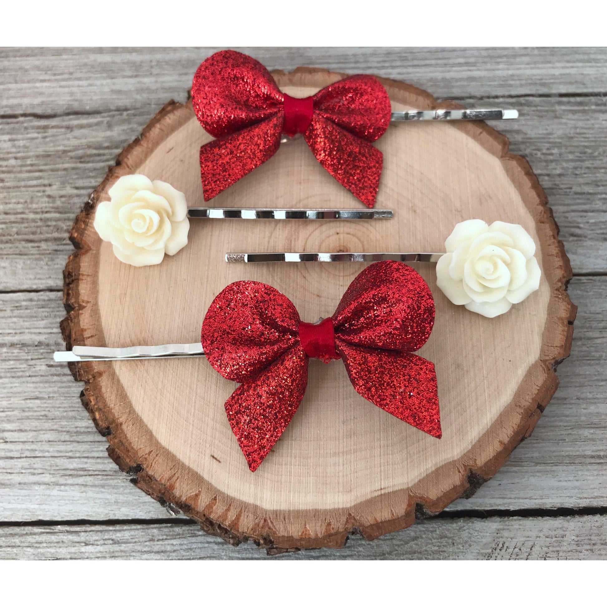 Red Bows and Cream Rose Hair Pin Set