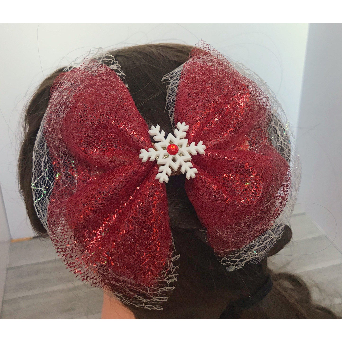 Red Glitter Tulle Hair Bow with Snowflake Embellishment - Festive & Sparkling Hair Accessory