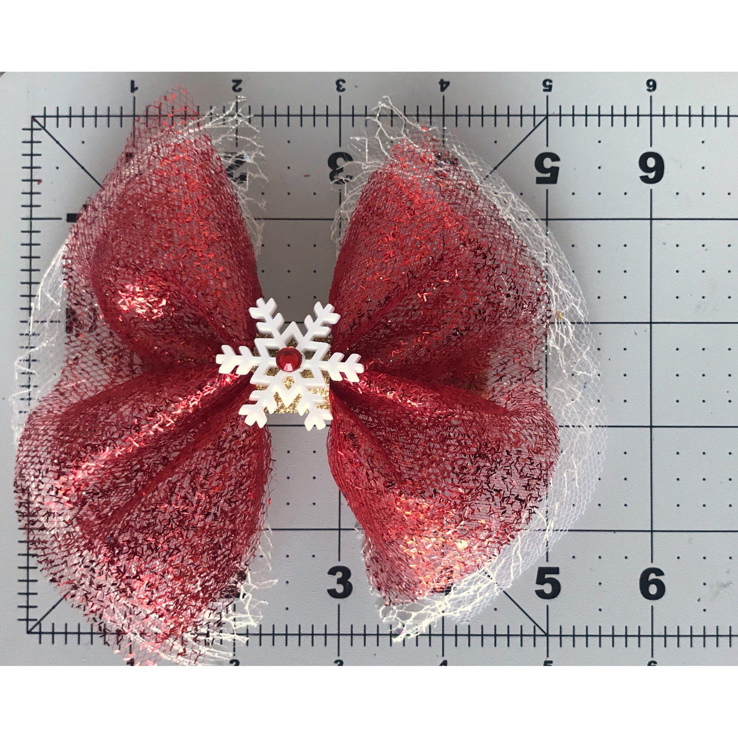 Red Glitter Tulle Hair Bow with Snowflake Embellishment - Festive & Sparkling Hair Accessory