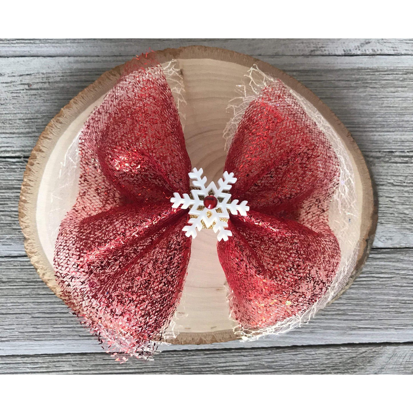Red Glitter Tulle Hair Bow with Snowflake Embellishment - Festive & Sparkling Hair Accessory