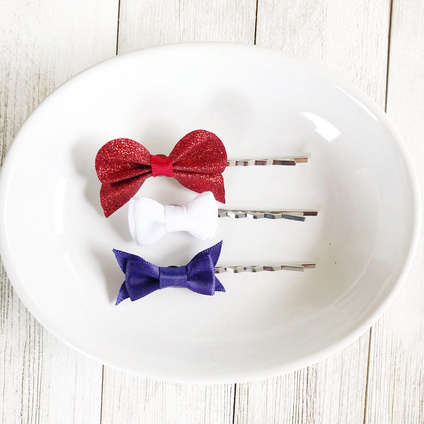 Set of 3 Patriotic Bow Hair Pins: Red, White & Blue Hair Accessories