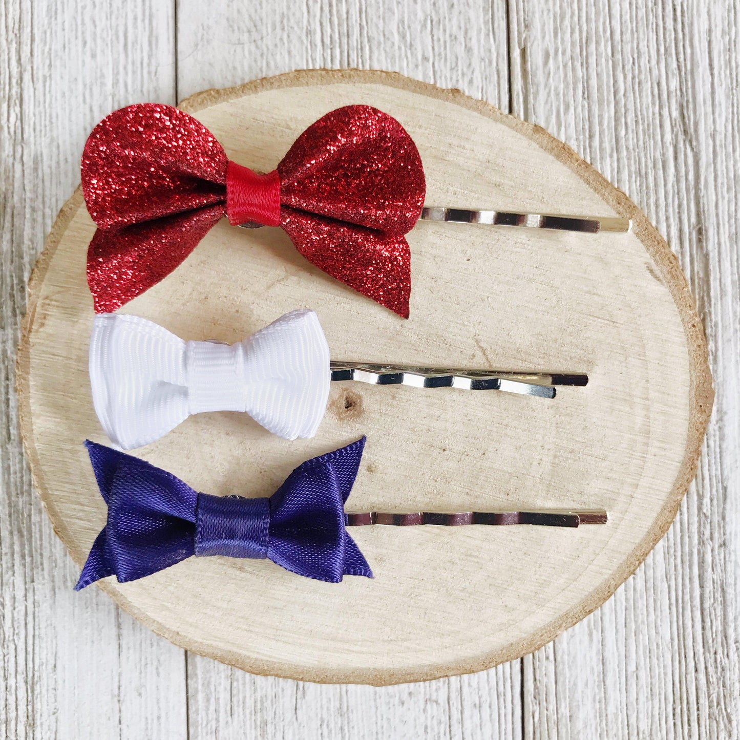 Set of 3 Patriotic Bow Hair Pins: Red, White & Blue Hair Accessories