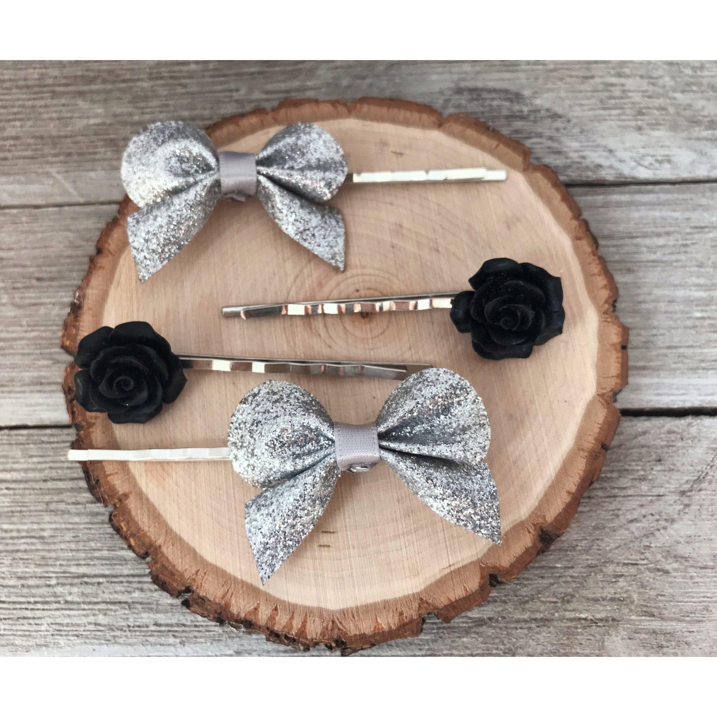 Silver Bow & Black Rose Hair Pin Set: Elegant Accents for Stylish Hairdos