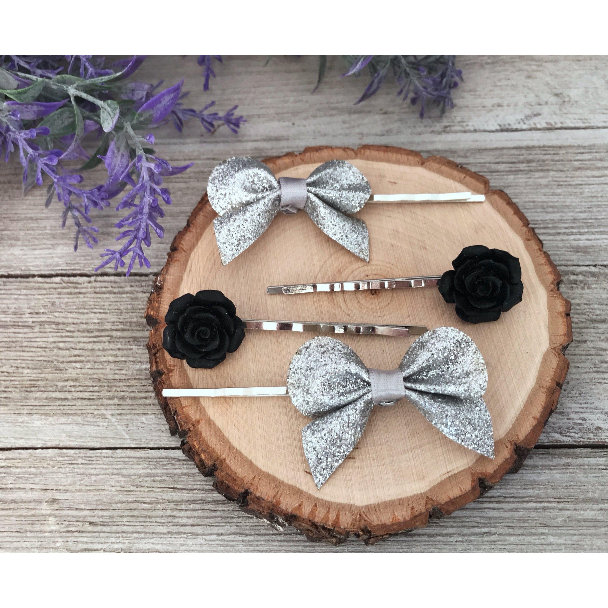 Silver Bow & Black Rose Hair Pin Set: Elegant Accents for Stylish Hairdos