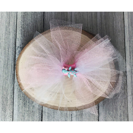 Pink & Blue Glitter Tulle Hair Bow with Turtle Embellishment - Sparkling & Whimsical Hair Accessory