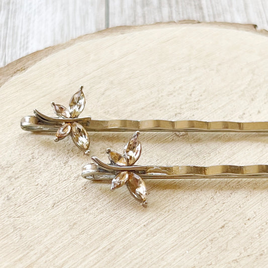 Set of 2 whimsical light brown dragonfly hair pins styled for gifting