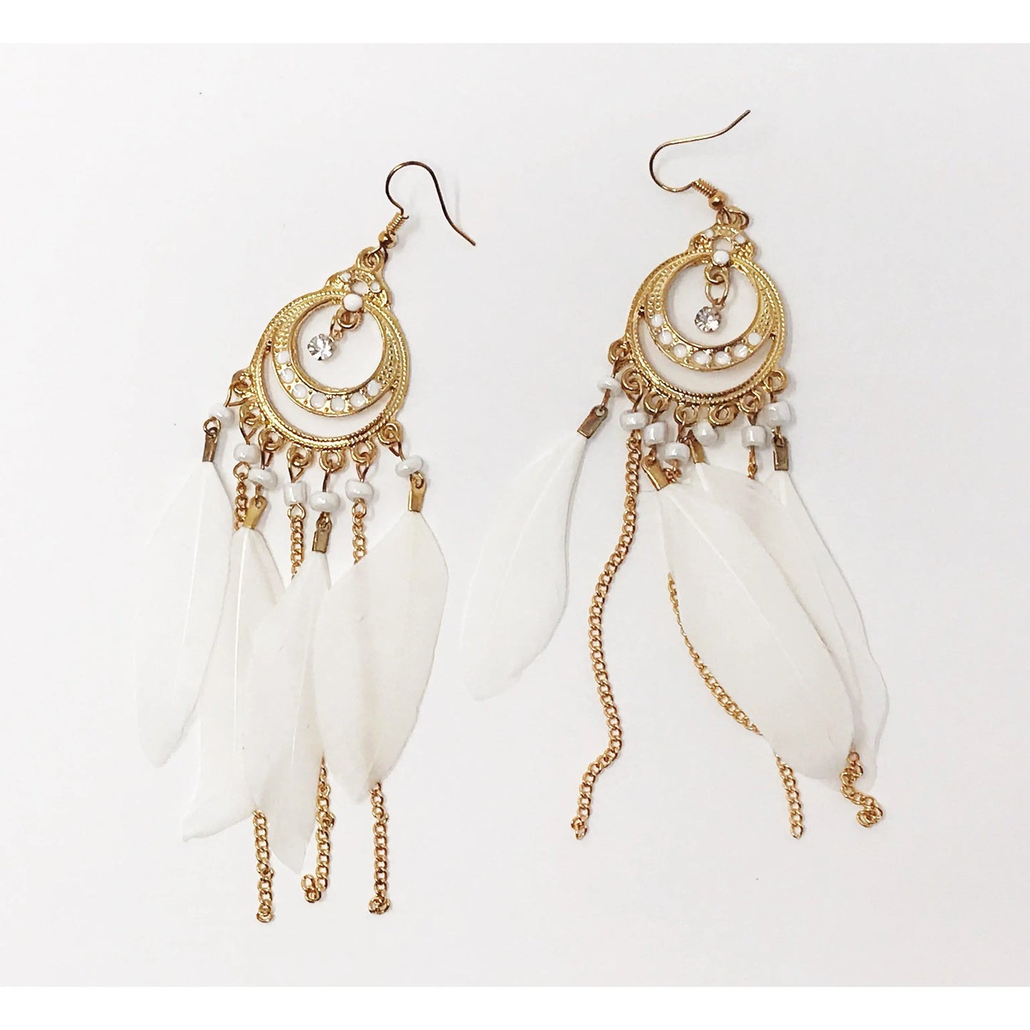White Feather Dangle Earrings – Boho Chic Chain Jewelry