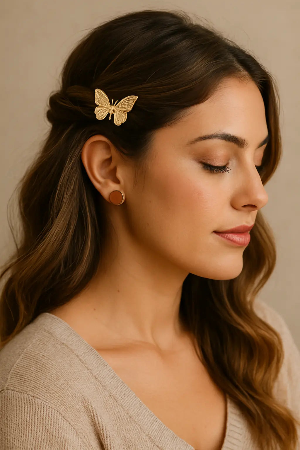 Woman with wavy brown hair styled in a half-up twist secured with a gold butterfly hair pin, wearing natural-toned makeup and a soft knit top — showcasing how to elevate everyday style with accessories.