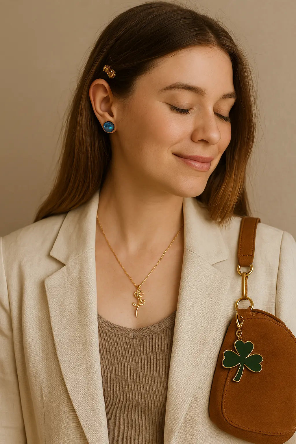 Portrait of a woman in a cream blazer and taupe top wearing handmade jewelry — blue iridescent stud earrings, a gold rose necklace, a butterfly hair pin, and a suede purse charm — styled for a soft, professional everyday look.