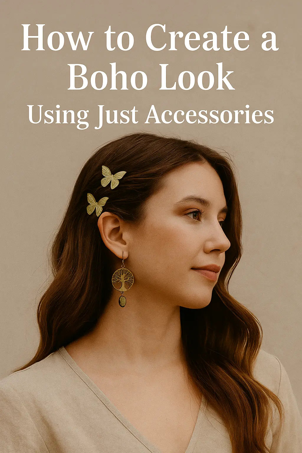 Neutral-toned blog image with centered text reading “How to Create a Boho Look Using Just Accessories,” styled in earthy fonts with a minimalist background that reflects boho aesthetics.