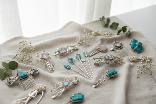 A collection of Bridal Hair Accessories on a linen cloth 