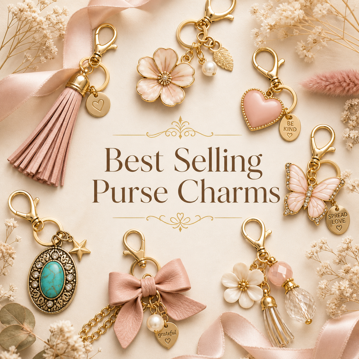 Best selling purse charms collection with western, celestial, floral, faith, and nature-inspired bag charms