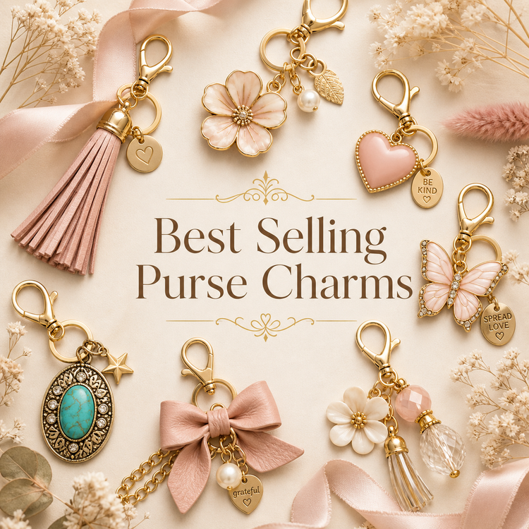 Best selling purse charms collection with western, celestial, floral, faith, and nature-inspired bag charms