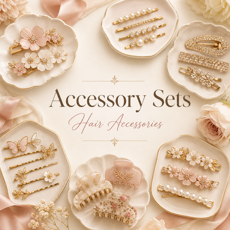 Hair accessory sets collection with coordinated hair pins, barrettes, and clips for gifting and easy styling